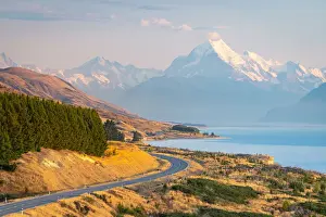 Southern Alps Prints: Snowcapped Mount Cook viewed from Lake Pukaki viewing point at sunrise