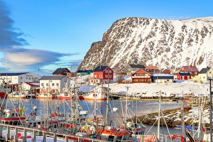 Finnmark Prints: Snowcapped mountains and harbor of Sorvaer