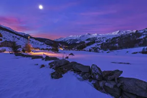 Valchiavenna Prints: Snowy dawn on Madesimo village with moon, Sondrio province, Spluga valley, Lombardy