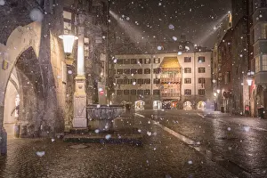 Late Gothic Prints: A snowy evening in the inner city of Innsbruck, Tyrol, Austria