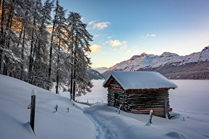 Rustic Prints: Snowy mountain hut in the winter woods