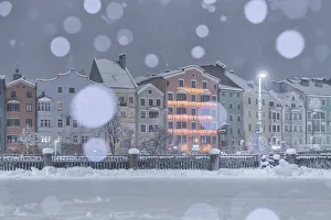 Marktplatz Prints: A snowy night by the Mariahilf buildings, Marktplatz, Innsbruck, Tyrol, Austria