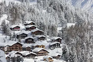 The snowy woods frame the typical mountain huts Bettmeralp district of Raron canton