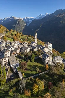 Soglio at sunset in autumn. Maloja district, Canton of Graubunden, Bregaglia valley, Switzerland