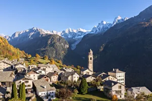 Soglio at sunset in autumn. Maloja district, Graubunden, Bregaglia valley, Switzerland