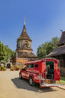 Images Dated 4th June 2020: Songthaew (Chiang Mai taxi) parked at Wat Lok Moli, Chiang Mai, Northern Thailand