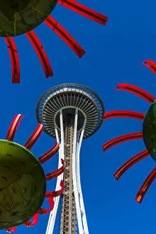 Images Dated 17th August 2016: The Sonic Bloom solar-powered art installation with Space Needle behind, Pacific Science