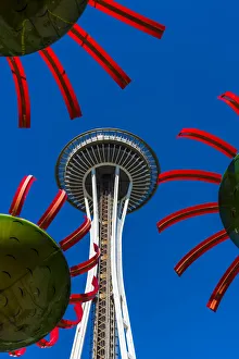 Images Dated 17th August 2016: The Sonic Bloom solar-powered art installation with Space Needle behind, Pacific Science