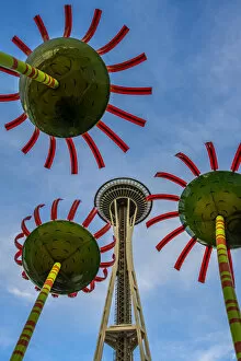 Images Dated 23rd March 2022: The Sonic Bloom solar-powered art installation with Space Needle behind, Pacific Science Center