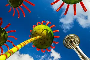 Seattle Center Prints: The Sonic Bloom solar-powered art installation with Space Needle behind, Pacific Science