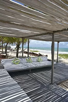 Images Dated 11th September 2012: South America, Brazil, Bahia, Trancoso, Beach pavillion at the Villas de Trancoso
