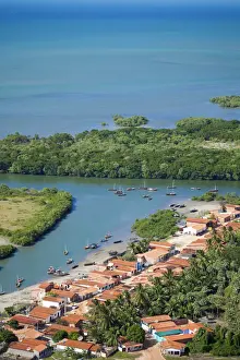 South America, Brazil, Ceara, Aerial of Aranau fishing village near Acarau between