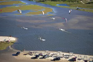 South America, Brazil, Ceara, aerial of kite surfers on the coast between Jericoacoara