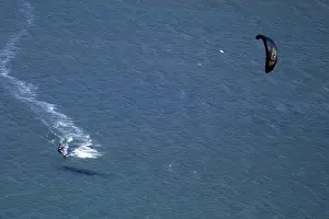 Kitesurfing Prints: South America, Brazil, Ceara, Aerial picture of a kite surfer on the Atlantic coast