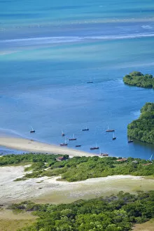 South America, Brazil, Ceara, Aerial shot of fishing boats in a mangrove-lined estuary