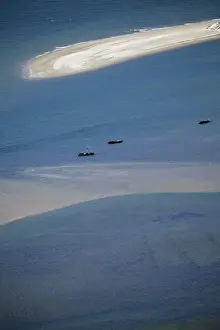 Ceara Prints: South America, Brazil, Ceara, Aerial shot of sand bars, fishing boats and turquoise