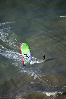 Kitesurfing Prints: South America, Brazil, Ceara, Aerial view of a kite surfer on the Atlantic coast of