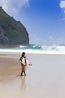Surf Prints: South America, Brazil, Pernambuco, Fernando de Noronha Island, surfer on Father s