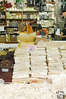 Images Dated 4th December 2012: South America, Brazil, Sao Paulo, bacalhau, salted cod, olives and ham for sale in