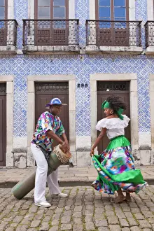 South America, Brazil, a tambor drummer and dancer from the Tambor de Crioula group