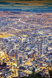 South America, Colombia, Bogota, elevated view of the city centre showing illuminated