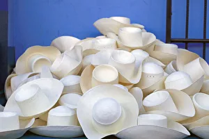 Stall Gallery: South America, Peru, Ancash, Huaraz. Reed Panama hats for sale in the city center