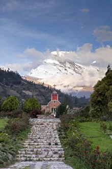 South America, Peru, Ancash, Yungay, Huascaran. View of the Yungay church in Yungay Viejo