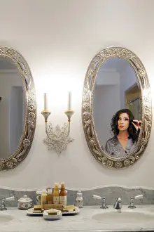 Boutique Prints: South America, Peru, Cusco, a model puts on make-up in the bathroom of the palacio