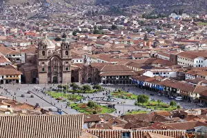 Peru Prints: South America, Peru, Cusco. A view of Cusco from Sacsayhuaman showing the Plaza de Armas