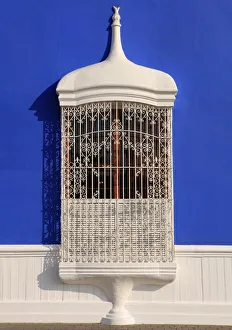 South America, Peru, La Libertad, Trujillo, a traditional iron lattice colonial window