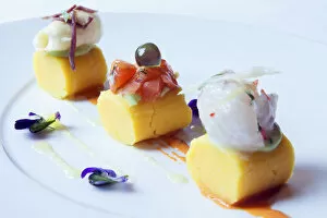 Images Dated 8th February 2013: South America, Peru, Lima. A Causa trio with ceviche, chinguirito, salmon with dill