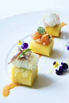 Peruvian Gallery: South America, Peru, Lima. A Causa trio with ceviche, chinguirito, salmon with dill