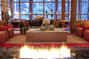 Urubamba Valley Prints: South America, Peru, Urubamba, the lounge area and open fire in the Tambo del Inka resort