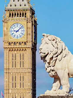 Images Dated 28th November 2022: South Bank Lion and Big Ben, detailed view, London, England, United Kingdom
