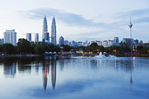 South East Asia, Malaysia, Kuala Lumpur, Petronas Towers and KL Tower, Lake Titiwangsa