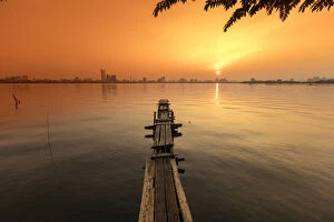 South East Asia, Vietnam, Hanoi, West Lake, jetty at sunset
