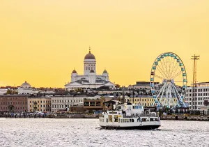 South harbour and City Center Skyline at dusk, Helsinki, Uusimaa County, Finland
