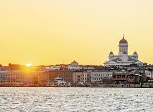 South harbour and City Center Skyline at sunset, Helsinki, Uusimaa County, Finland