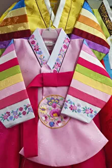 Images Dated 7th January 2011: South Korea, Seoul, Namdaemun Market, Display of South Korean Hanbok Dresses
