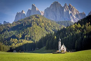 South Tyrol, Italy, Dolomites Alps. Val di Funes and Santa Maddalena church with Odle