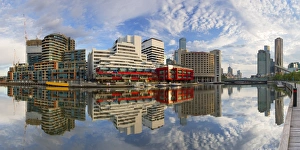 South Wharf skyline at dawn, Melbourne, Victoria, Australia