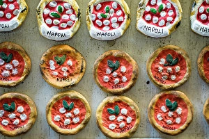 Retail Prints: Souvenirs in shape of the iconic Italian pizza, Naples, Campania, Italy