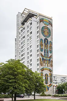Soviet wall murals on apartment building in Minsk, Belarus