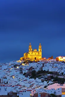 Spain, Andalucia, Cadiz province, Olvera, Our Lady of the Incarnation Church at dusk