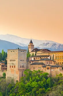Andalusian Prints: Spain, Andalucia, Granada Province, Granada, Alhambra Palace and Sierra Nevada mountains