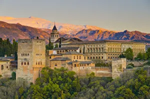 Andalusia Prints: Spain, Andalucia, Granada Province, Granada, Alhambra Palace and Sierra Nevada mountains