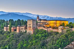 Andalusia Prints: Spain, Andalucia, Granada Province, Granada, Alhambra Palace and Sierra Nevada mountains