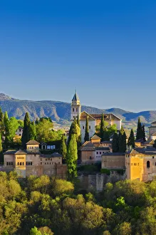 Andalusian Prints: Spain, Andalucia, Granada Province, Granada, Alhambra Palace and Sierra Nevada mountains