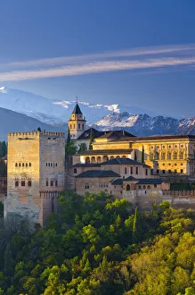 Andalusia Prints: Spain, Andalucia, Granada Province, Granada, Alhambra Palace and Sierra Nevada mountains