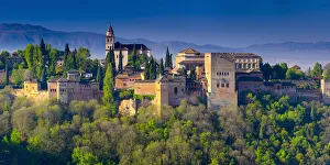 Spain, Andalucia, Granada Province, Granada, Alhambra Palace and Sierra Nevada mountains